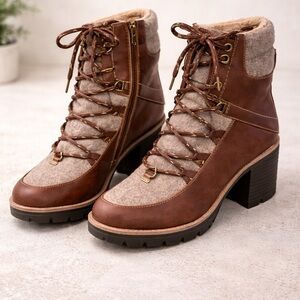 Naturalizer Brown Leather Lace-Up Ankle Boots Heel Zip | 7.5 NWT